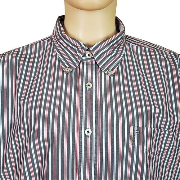 Tommy Hilfiger Mens Button Front Shirt Sz XXL Red White Blue Black Stripes - Picture 2 of 8